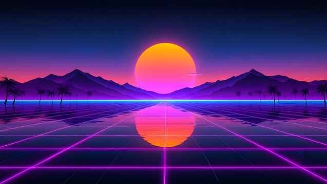 Retro Sunset 80s Synthwave Landscape with Palm Trees and Neon Grid Reflection