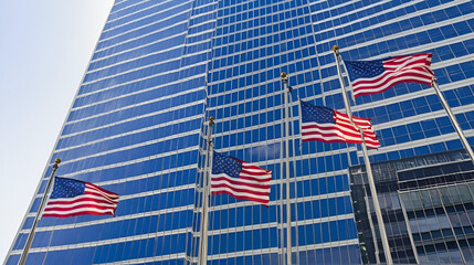 USA, New York, New York City, American flags hanging against skyscraper