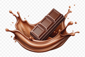 abstract 3d smooth liquid chocolate splash with chocolate bar isolated on transparent background