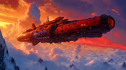 Futuristic red spaceship gliding through colorful clouds at sunset.