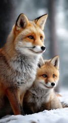 Fototapeta premium Red fox mother and cub sitting close together in winter wonderland