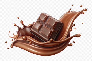 abstract 3d smooth liquid chocolate splash with chocolate bar isolated on transparent background