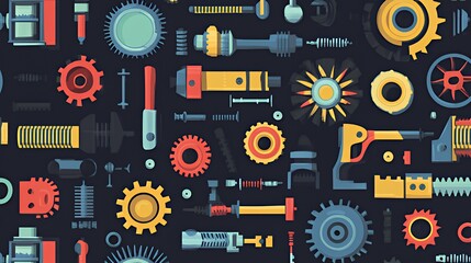 Colorful assorted tools and gears on dark background, showcasing a creative design.