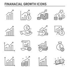 Collection of clean financial growth icons representing investments and business success in minimalist outline style