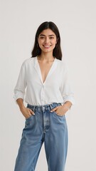 Full length of confident Thai woman in a loose white blouse and denim capris standing with one hand on her waist and smiling on plain white background