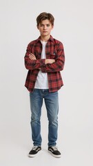 Full length of confident Russian boy in a checkered flannel shirt and jeans standing with arms folded across chest on plain white background