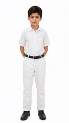 Full length of confident Bangladeshi boy in a white school uniform with a belt and neat hair standing straight with arms behind on plain white background