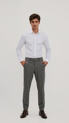 Full length of confident British man in a white polo and corduroy pants leaning slightly forward with hands in front pockets on plain white background
