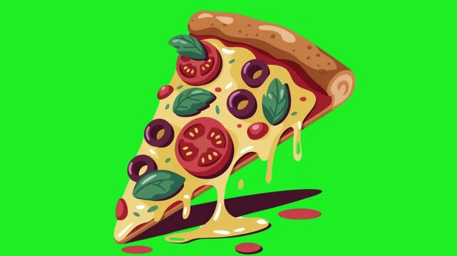 Animated pizza slice with melted cheese and toppings on a green screen