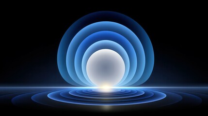 Fototapeta premium Abstract blue and white circular waves emanating from a central sphere.