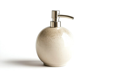 Fototapeta premium A stylish ceramic soap dispenser with a metallic pump on a white isolated background.