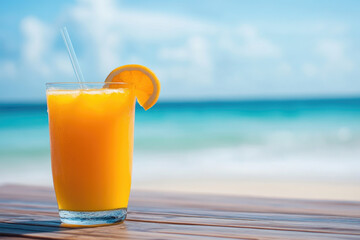 Obraz premium Orange juice on beach abstract background. Generative ai.