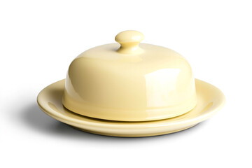 Fototapeta premium A vintage butter dish with a lid on a white background, perfect for kitchen decor and culinary scenes.