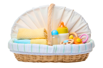 Woven basket filled with essential baby care items isolated with transparent background
