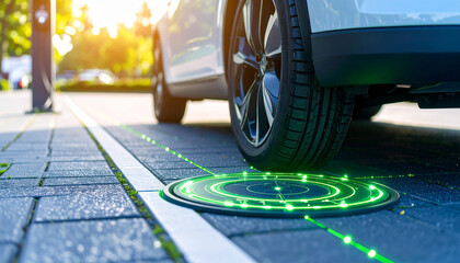 Electric Car Charging Technology: An innovative look at the future of transportation, showcasing an electric car charging wirelessly, highlighted with futuristic green lines and ambient lighting.