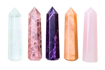 Collection of colorful polished crystal points isolated with transparent background