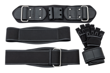 Black weightlifting belt and gloves for fitness isolated with transparent background