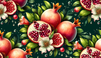 The pomegranate tree is an original watercolor painting depicting red ripe pomegranates and flowers. Beautiful pomegranate flowers on canvas. Modern Impressionism. Vivid artistic