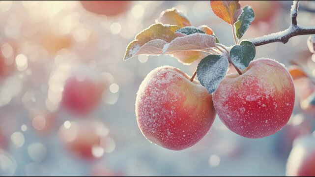 Two bright red apples on a branch are covered in frost. The background is blurred, with soft light and snowflakes, creating a feeling of a winter fairy tale.