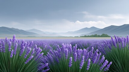 Fototapeta premium A serene lavender field with mountains in the background under a cloudy sky.