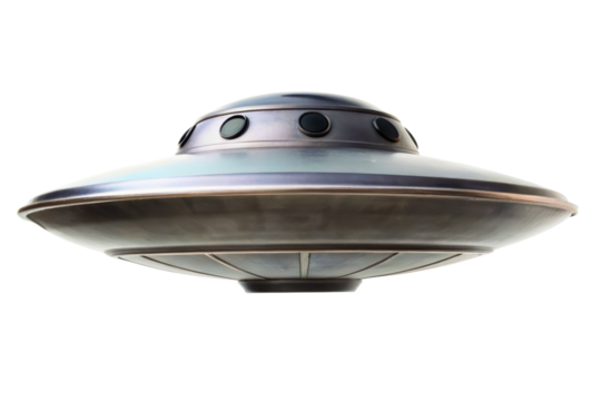 Metallic flying saucer model with dark windows isolated with transparent background