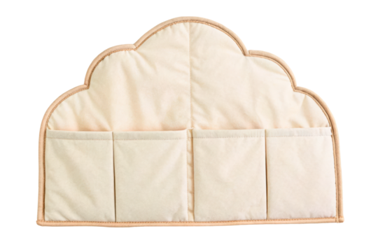 Soft cloud-shaped fabric organizer with multiple pockets isolated with transparent background