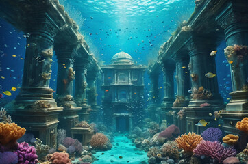 Underwater Ancient City with Marine Life. Generative AI.