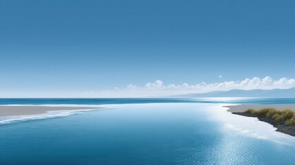 Fototapeta premium Tranquil blue seascape with gentle waves and sandy shore under a clear sky.