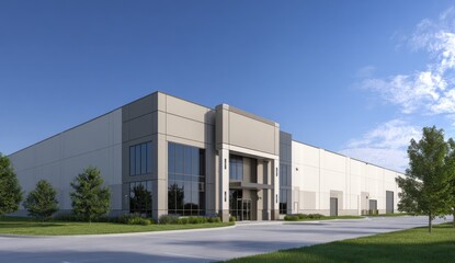Fototapeta premium Modern Beige Warehouse Building Exterior on Sunny Day