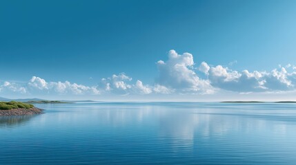Tranquil blue waters reflecting fluffy clouds under a serene sky.