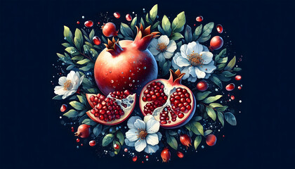 The pomegranate tree is an original watercolor painting depicting red ripe pomegranates and flowers. Beautiful pomegranate flowers on canvas. Modern Impressionism. Vivid artistic