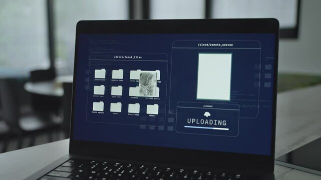 Laptop computer with malware or spyware stealing secret documents from server. Remote access into government agency or military data archive. Security breach by hacker copying classified files
