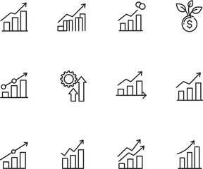 Collection of minimalist business and financial growth bar chart icons depicting rising sales and investment gains