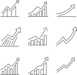 Collection of minimalist growth chart icons illustrating business progress and financial success in various styles