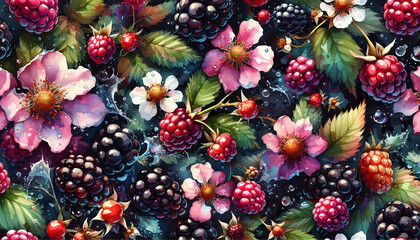 A variety of berries including raspberries and blackberries falling in mid-air with lifelike detail