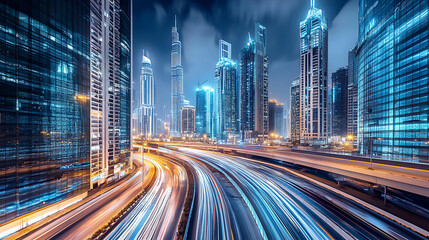 Fototapeta premium Dynamic Cityscape with Light Trails and Skyscrapers at Night