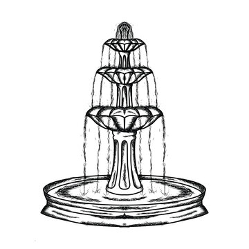 water fountain illustration hand draw style in vintage engraved sketch outline style