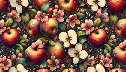 Floral and fruit pattern with apples and blossoms. The bright and colorful pattern with apples of different colors on a dark background is suitable for wallpaper, textiles, packaging and web design.