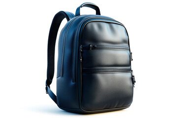 Stylish black backpack with multiple compartments on a white isolated background.