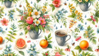 Intricate design with intricate flowers and colorful fruits, pattern, botanical, flowers. Garden print, summer, wildflowers