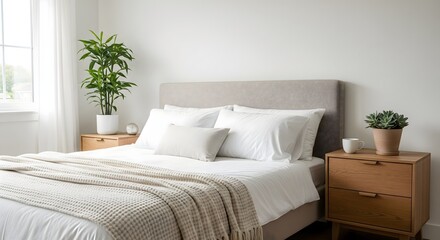 Naklejka premium A clean and inviting bedroom features a large bed adorned with soft blankets and pillows