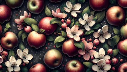 The bright and colorful pattern with apples of different colors on a dark background is suitable for wallpaper, textiles, packaging and web design.