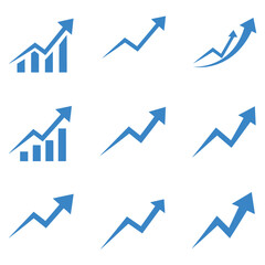 Collection of upward trend arrow icons illustrating growth progress and financial success suitable for business and data analysis presentations