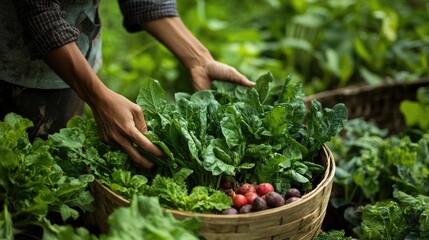 Fototapeta premium Fresh Organic Vegetables Harvested by Hand, Worker Gathering Leafy Greens and Root Vegetables in Lush Garden Setting