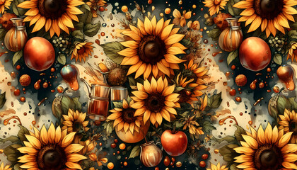 sunflowers in sun Original watercolor painting of sunflower flowers, beautiful sunflowers flowers on canvas. Modern Impressionism. Impasto artwork. A bright artistic illustration with sunflowers