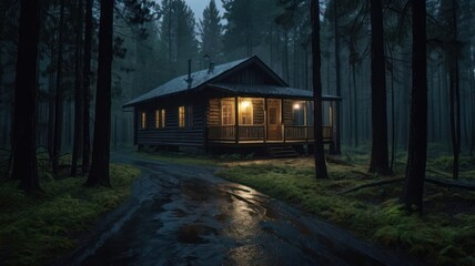 Rustic cabin bathed in the glow of a rainy evening