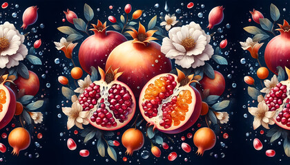 The pomegranate tree is an original watercolor painting depicting red ripe pomegranates and flowers. Beautiful pomegranate flowers on canvas. Modern Impressionism. Vivid artistic