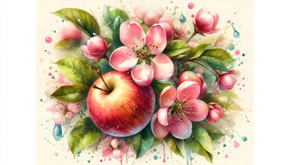 Floral and fruit pattern with apples and inflorescences. The bright and colorful pattern with apples of different colors on a light background is suitable for wallpaper, textiles, packaging and web 