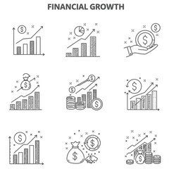 Conceptual illustrations of financial growth and investment strategies depicting rising charts dollar icons money bags and coins for business finance and economic success