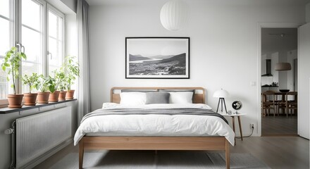 A clean and inviting bedroom features a large bed adorned with soft blankets and pillows